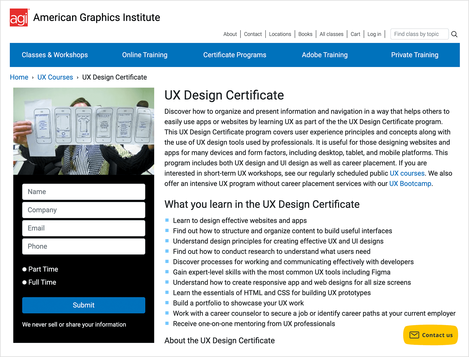 american institure of graphics and their in-classroom course on ux design